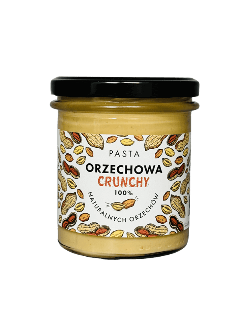 Słoik pasty orzechowej crunchy, 100% naturalnych orzechów, z dekoracyjną etykietą pełną orzechów.