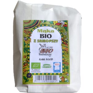 Bio mąka z samopszy w białym opakowaniu, oznaczenie ekologiczne, producent Babalscy.