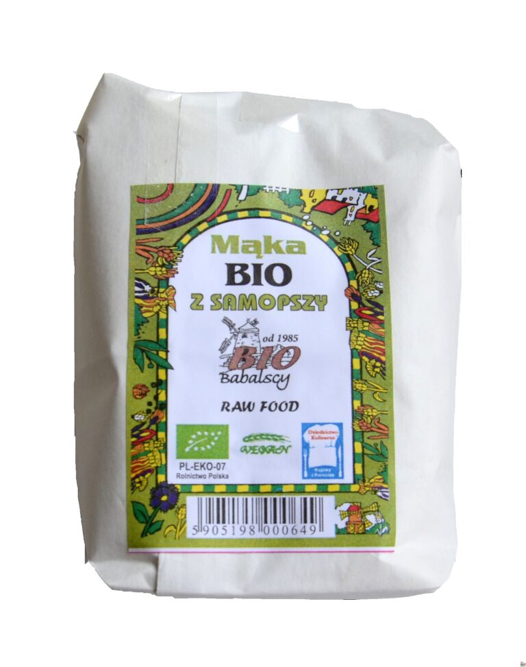 Bio mąka z samopszy w białym opakowaniu, oznaczenie ekologiczne, producent Babalscy.