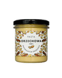 Słoik pasty orzechowej 100% naturalnych orzechów z kolorową etykietą, widok z przodu.