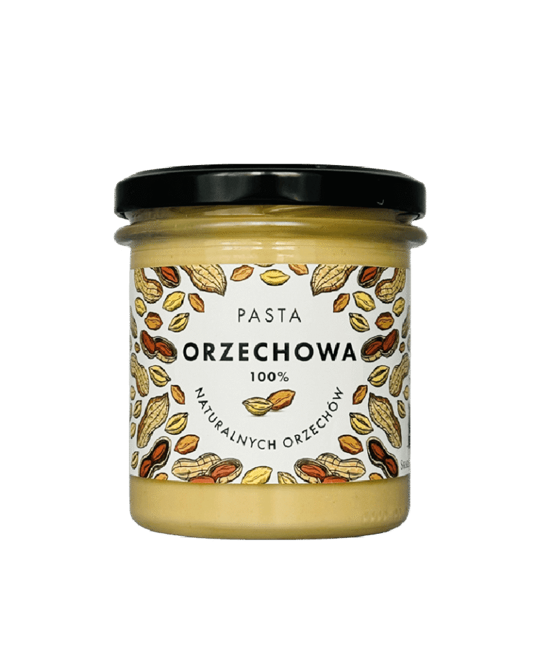 Słoik pasty orzechowej 100% naturalnych orzechów z kolorową etykietą, widok z przodu.