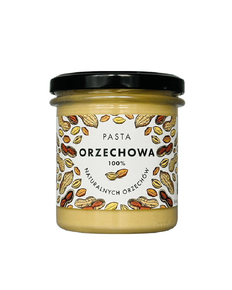 Słoik pasty orzechowej 100% naturalnych orzechów z kolorową etykietą, widok z przodu.