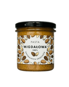 Słoik pasty migdałowej 100% z naturalnych orzechów, z etykietą ozdobioną ilustracjami migdałów.