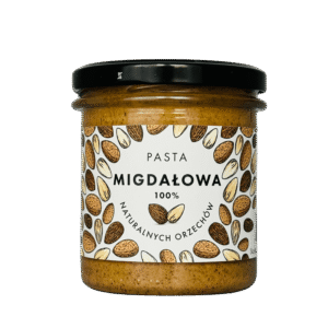 Słoik pasty migdałowej 100% z naturalnych orzechów, z etykietą ozdobioną ilustracjami migdałów.