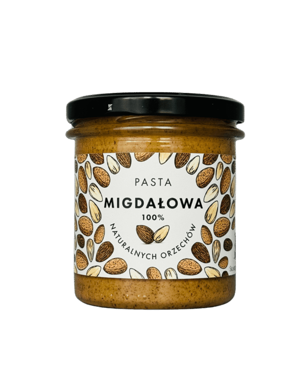 Słoik pasty migdałowej 100% z naturalnych orzechów, z etykietą ozdobioną ilustracjami migdałów.