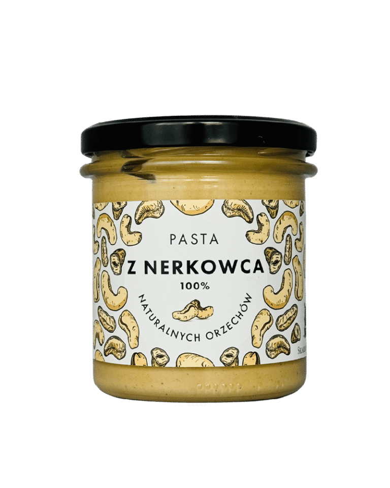 Słoik pasty z nerkowców 100% naturalnych orzechów z czarną zakrętką i etykietą z rysunkami nerkowców.