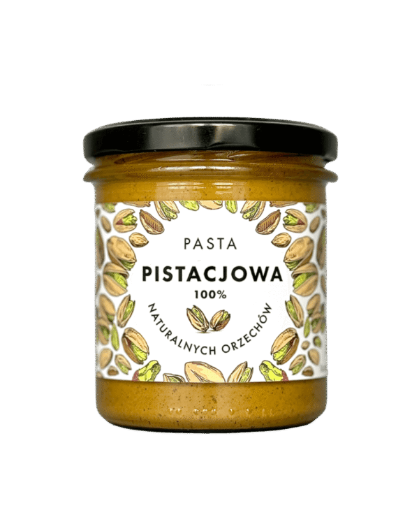 Słoik naturalnej pasty pistacjowej 100% z orzechów, etykieta ozdobiona pistacjami, czarna zakrętka.