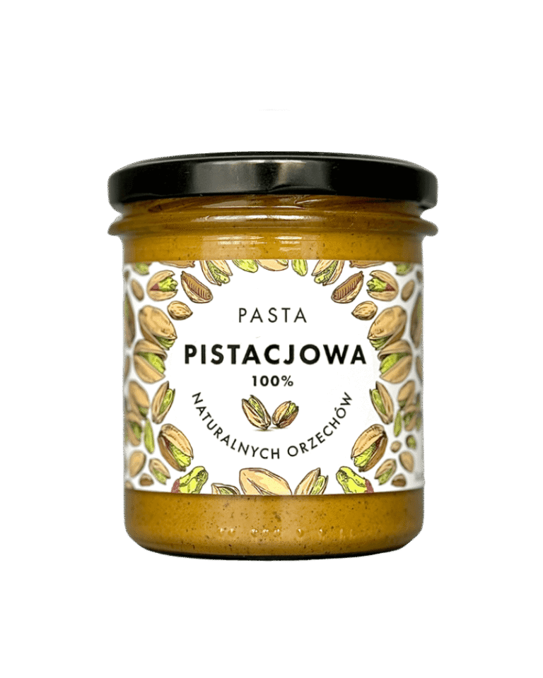 Słoik naturalnej pasty pistacjowej 100% z orzechów, etykieta ozdobiona pistacjami, czarna zakrętka.