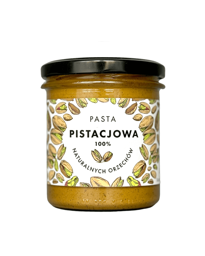 Słoik naturalnej pasty pistacjowej 100% z orzechów, etykieta ozdobiona pistacjami, czarna zakrętka.