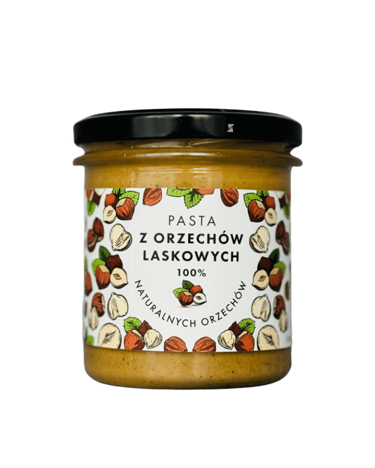 Słoik z pastą z orzechów laskowych, 100% naturalnych. Kremowa konsystencja, etykieta z grafiką orzechów.