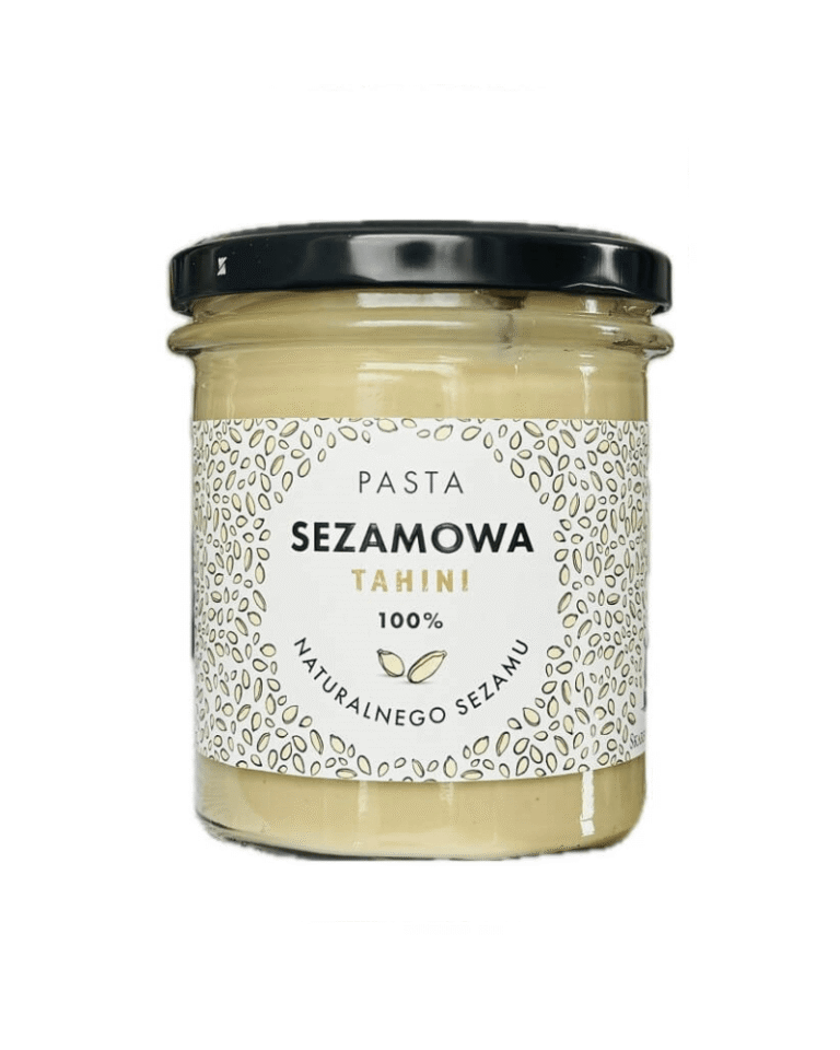 Słoik pasty sezamowej tahini 100% z naturalnego sezamu, z czarną nakrętką i dekoracyjną etykietą.